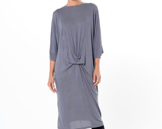 Gray Oversize Midi Dress: Loose Fit, Knot Front