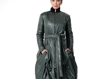 Belted Jacket With Drapings / Long Winter Coat / Green Jacket - METC0142