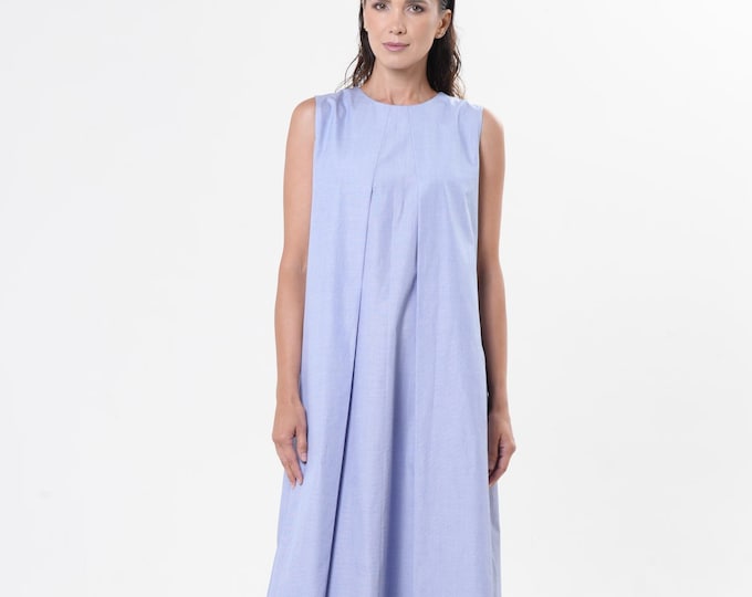 Maxi Cotton Dress With Front Pleates  / Sleeveless Long Dress / Blue Dress METD0255