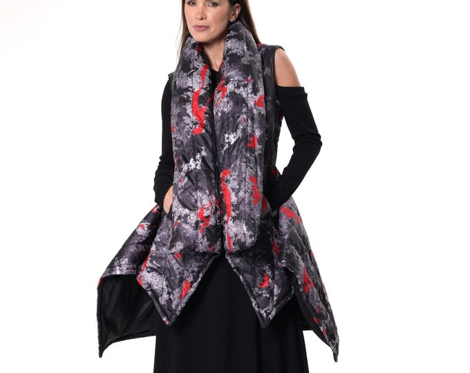 Quilted Sleeveless Vest / Asymmetrical Winter Vest With Print METC0133