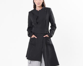 Asymmetrical Women Blazer / Linen Coat In Black / Transitional Coat  METC0148
