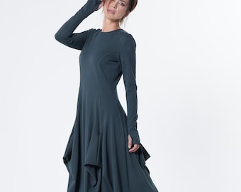 Maxi Draped Dress - Long Dress With Thumbhole Sleeves In Petrol - METD0267