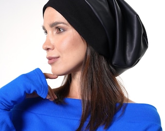 Eco-Leather Slouchy Beanie / Black Winter Hat / Vegan Leather Beanie META0052