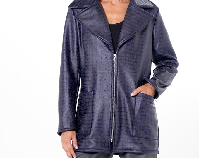 Transitional Faux Suede Jacket / Croc-Effect Blue Jacket / Short Zipper Coat  METC0152