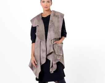 Asymmetric Faux Suede Vest in Taupe – Sculptural Women’s Vest with Draped Front METC0158