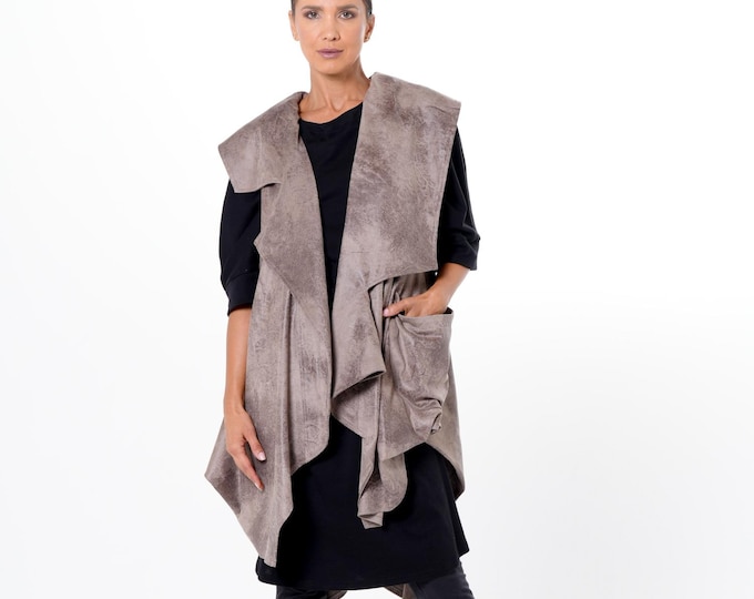 Asymmetric Faux Suede Vest in Taupe – Sculptural Women’s Vest with Draped Front METC0158