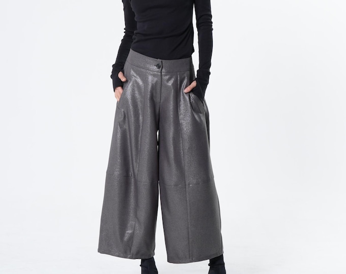 Silver Metallic Wide-Leg Pants - Shiny Cropped Trousers METP0139