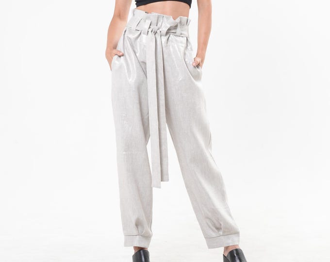 Shimmering High-Waisted Linen Pants / Silver Paperbag Pants / Linen Trousers METP0135_Silver