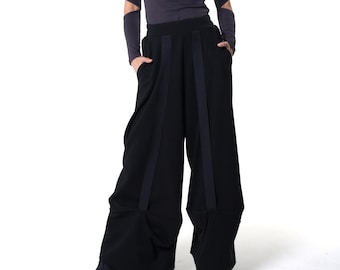 Striped Wide-Leg Black Cotton Palazzo Pants METP0124