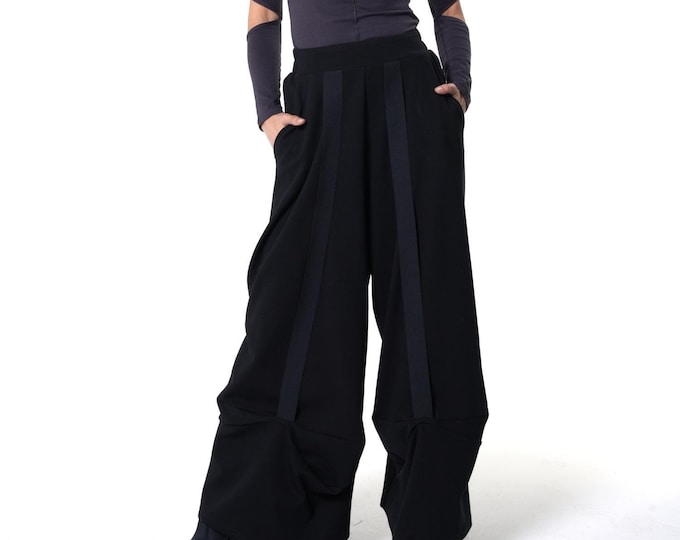 Wide-Leg Black Pants With Stripes / Palazzo Pants / Black Trousers METP0124_Bl