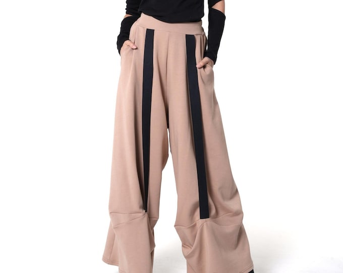 Wide-Leg Beige Pants With Black Stripes / Relaxed Trousers METP0124_Bl
