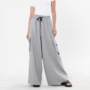 Linen Cargo Palazzo Pants in Gray / Wide-Leg Pants / Relaxed Trousers METP0129_Gray