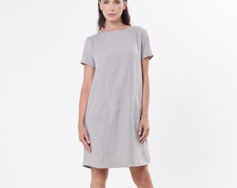 Gray Mini Shift Dress: Viscose Blend Short Sleeve Casual Dress METD0256