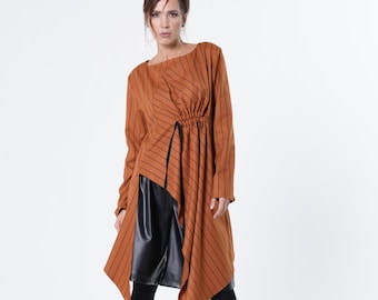 Asymmetrical Striped Tunic In Orange - Avangarde Long Shirt METT0293