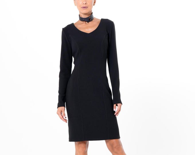 Black Midi Sheath Dress Long Sleeve • Elegant Bodycon Dress • Work to Evening Dress METD0264