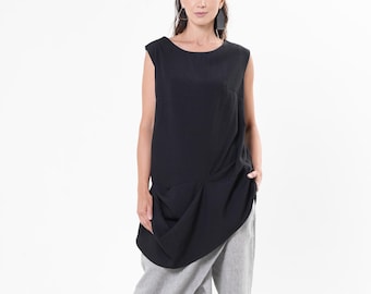 Draped Asymmetric Tunic Top / Sleeveless Long Top METT0285