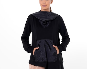 Asymmetric Black Hoodie With Slick Details – Urban Cotton Hooded Top METT0290