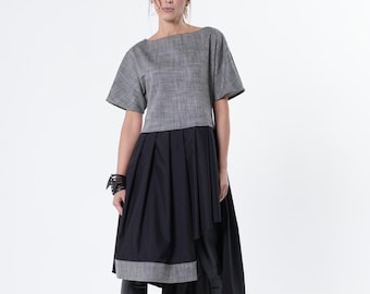 Two-Toned Denim Dress - Asymmetrical Short Sleeve Tunic Dress METD0268