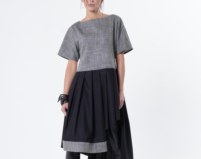 Two-Toned Denim Dress - Asymmetrical Short Sleeve Tunic Dress METD0268