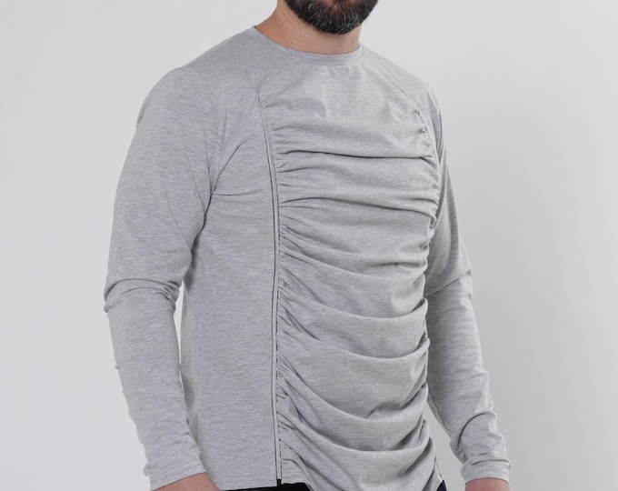 Men’s Long Sleeve Top with Front Drapings in Gray | Draped Asymmetric Shirt METMT0011