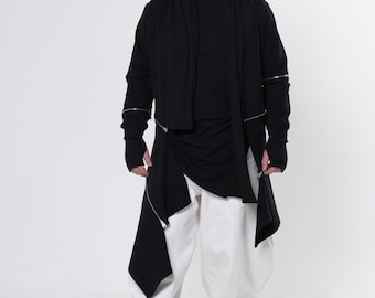 Men’s Asymmetric Cardigan with Zipper Accents - Avant-Garde Long Coat METMC0003