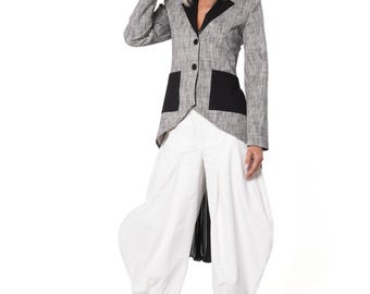 Grey High-Low Blazer with Black Pleated Back and Contrast Lapels METC0166