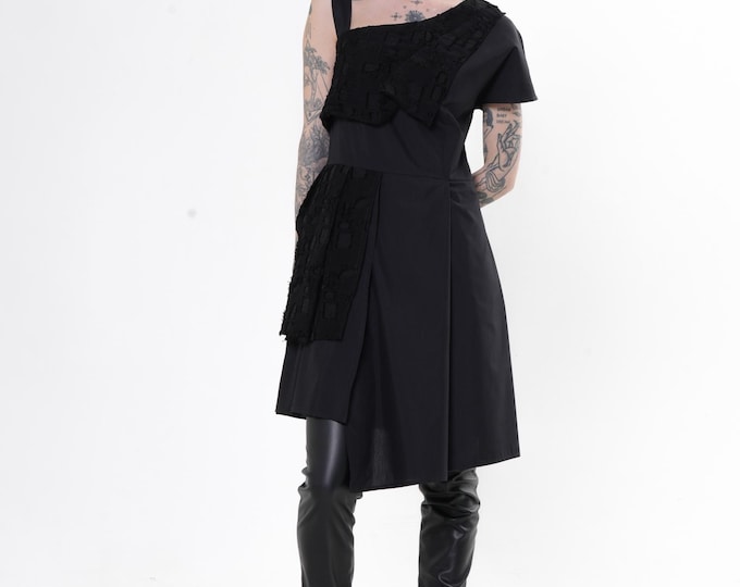 Asymmetric One-Shoulder Tunic Dress With Textured Accents - Black Dress METD0276