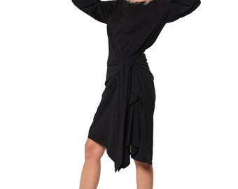 Black Asymmetric Cotton Midi Dress with Side Knot and Balloon Sleeves METD0282