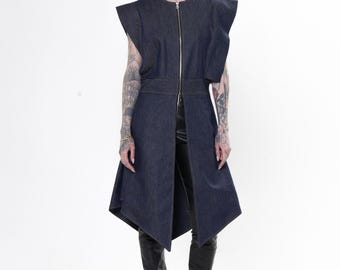 Structured Denim Vest With Extended Shoulders - Long Jean Zipper Top METC0163