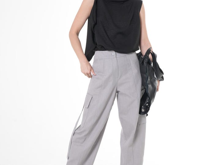 Elegant Gray Pants / Denim Cargo Pants / 7/8 Straight Pants /  METP0132