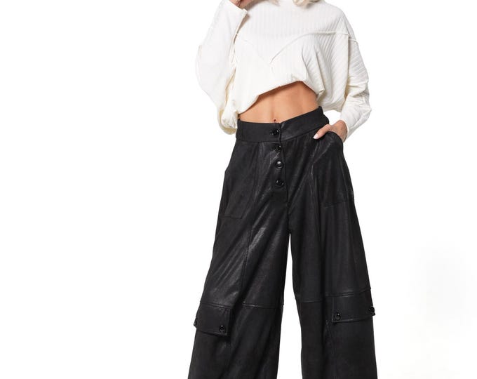 Black Wide-Leg Faux Suede Pants with Button Details and Elasticated Waist METP0152