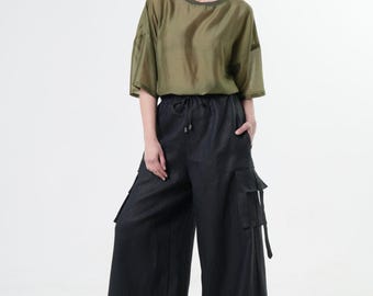 Linen Black Cargo Palazzo Pants: Handmade Wide-Leg Trousers METP0129