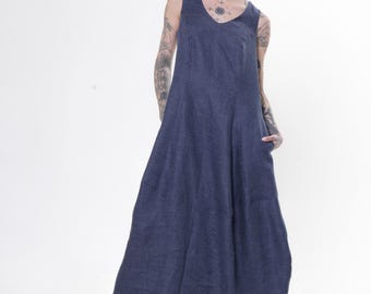 Linen Denim Balloon Dress - Long Sleeveless Dress In Blue - METD0272