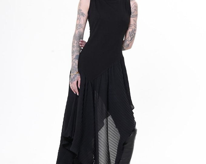 Sleeveless Tunic With Pleated Chiffon Layer - Black Turtleneck Long Top METT0298
