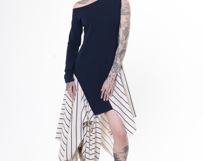 One-shoulder Long-sleeve Dress With Striped Skirt in Blue METD0275