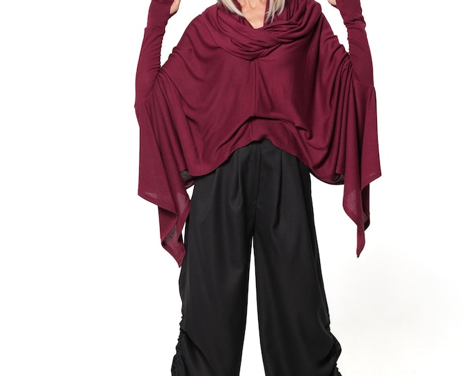 Burgundy Oversized Cotton Tunic with Scarf Collar and Asymmetric Hem - METT0317