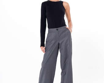 Wide Leg Wool Blend Pants: Gray Cargo Trousers with Pockets