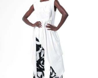 Asymmetric Tunic Top With Linen In White - Sleeveless Long Top For Summer METT0306