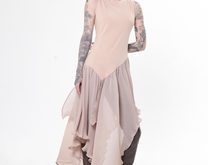 Beige Turtleneck Long Top - Sleeveless Tunic With Pleated Chiffon Layer  METT0298