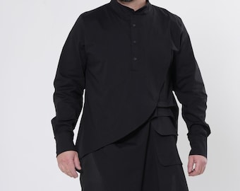 Men’s Extravagant Shirt in Black- Long Asymmetrical Tunic for Men METMSh0001