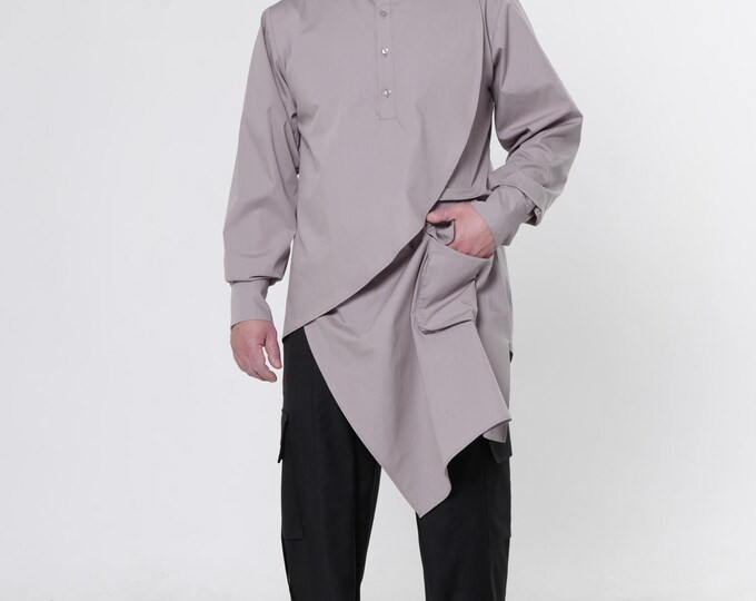 Men’s Extravagant Shirt in Gray - Long Asymmetrical Tunic for Men METMSh0001