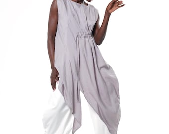 Asymmetric Tunic Top With Linen In White - Sleeveless Long Top For Summer METT0306