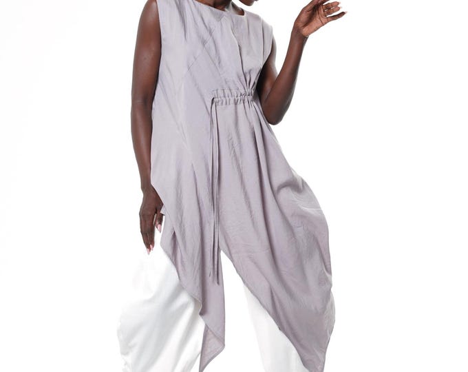 Asymmetric Tunic Top With Linen In White - Sleeveless Long Top For Summer METT0306