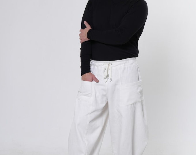 Men’s Relaxed Denim Pants with Elastic Waist in White | Loose Fit Jeans for Men METMP0011