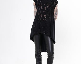 Open Back Tunic with Textured Sheer Front - Long Black Top METT0296