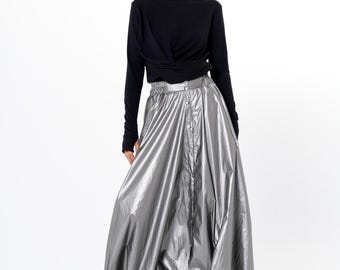 Striking Silver Maxi Skirt - Voluminous Skirt  With Adjustable Hem  METSk0053