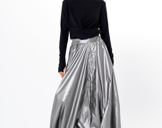 Striking Silver Maxi Skirt - Voluminous Skirt  With Adjustable Hem  METSk0053