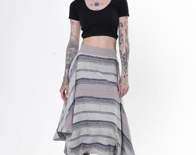Asymmetric Midi Striped Skirt - Elastic Waist Long Skirt METSk0054
