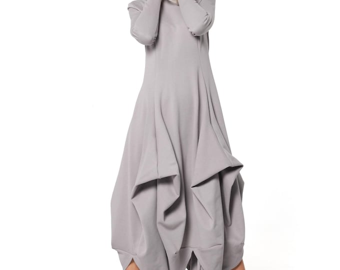 Long Dress With Thumbhole Sleeves In Gray - Maxi Draped Dress  - METD0267
