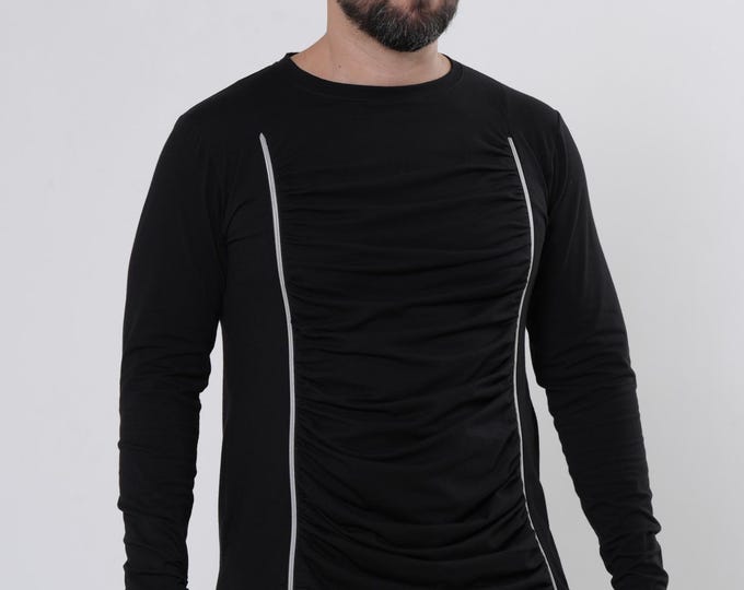 Men’s Long Sleeve Tee With Zipper Accents - Black Draped Top for Men METMT0011